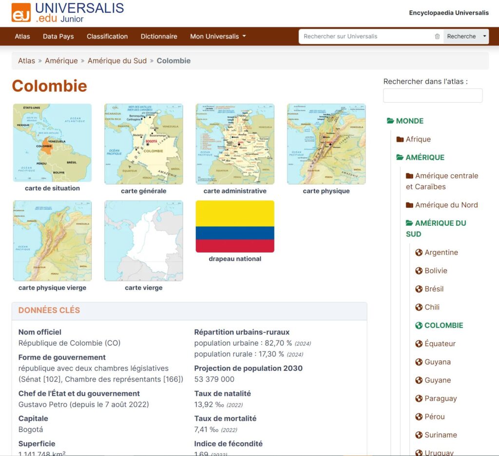 Visuel de la page "Colombie" sur l'Atlas