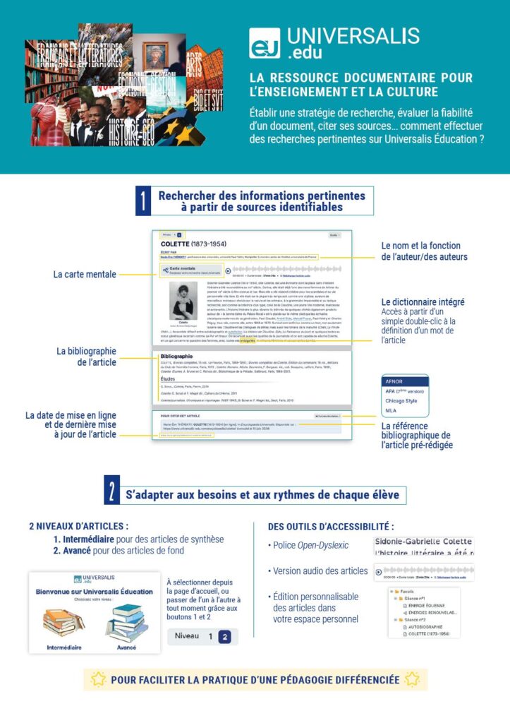 Leaflet portant sur la recherche documentaire sur Universalis Education.