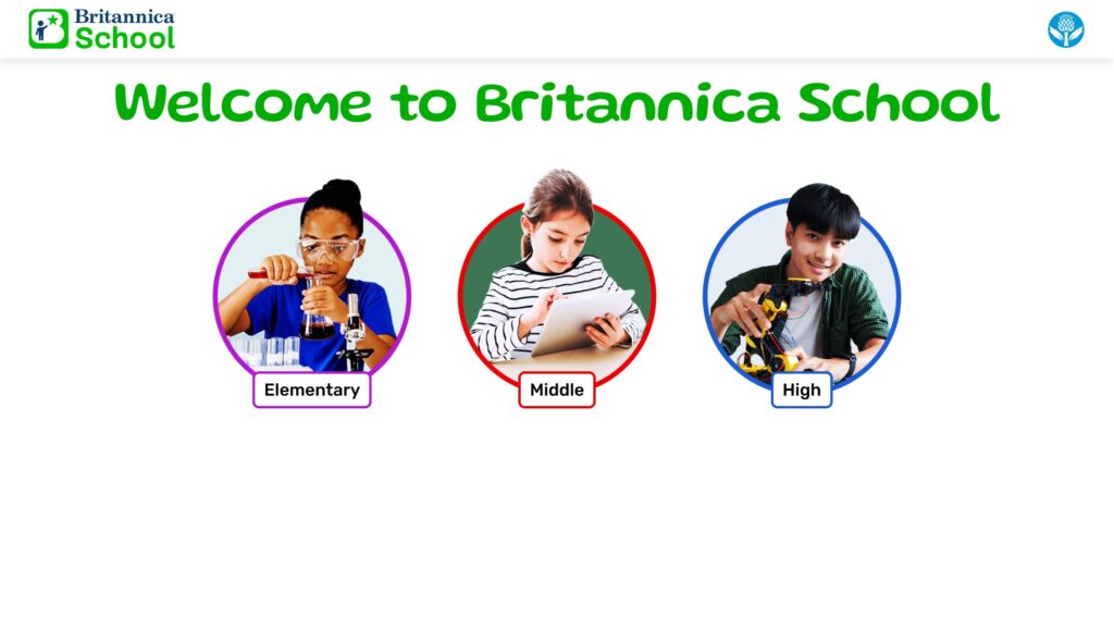 Britannica School - page de sélection des niveaux